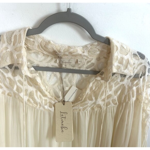 Anthropologie Let Me Be Lace Sheer Blouse Boho Cream L/Sleeve Peasant Top S NEW - Picture 5 of 9